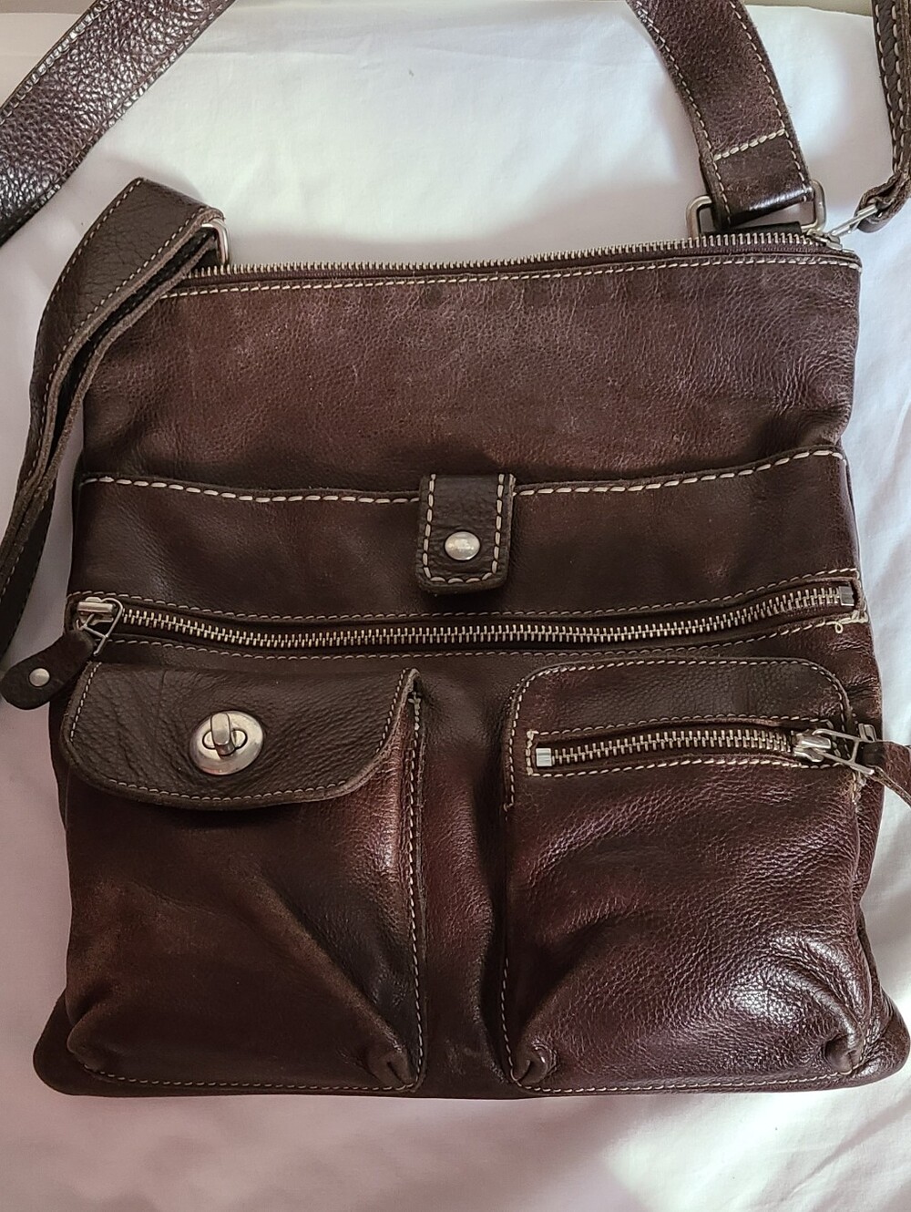 Roots Brown Leather Crossbody Bag - Dual Front Pockets